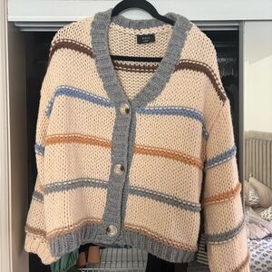 VICI Cream Striped Chunky Cardigan with Gray Trim